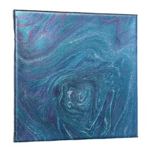 Abstract Fluid Pour Painting Iridescent Teal 8" X 8"  Canvas Home Decor Art